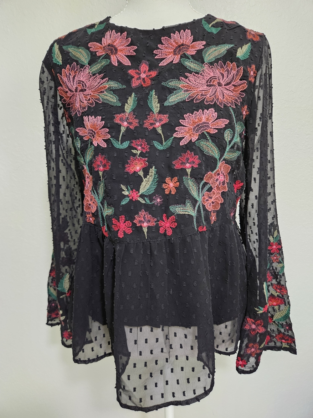 American Eagle Outfitters Black Sheer Floral Embroidered Peplum Top